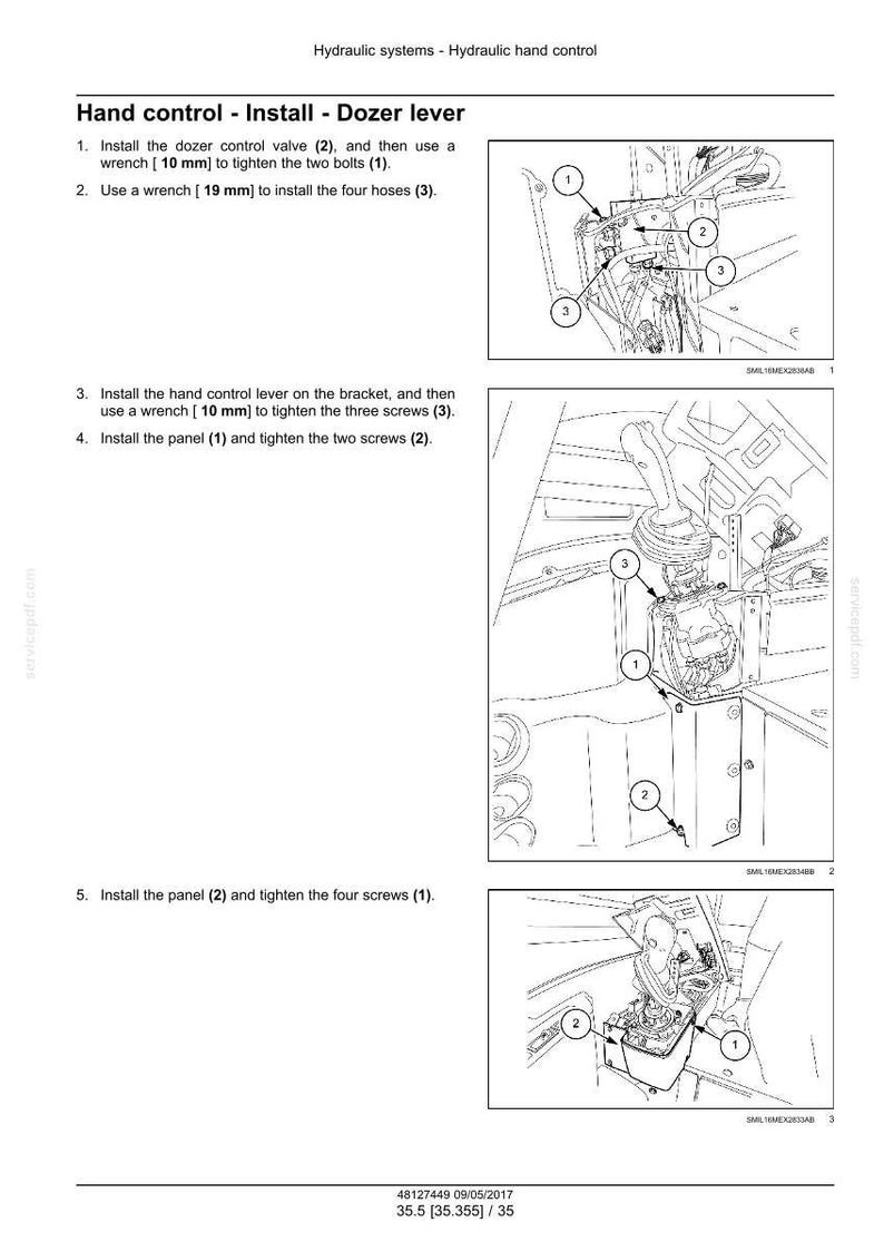May include: Diagram illustrating the installation of a dozer lever, with numbered steps and close-up views of the components. Includes instructions for using wrenches to tighten bolts, hoses, and screws. Text includes "Hand control - Install - Dozer lever".