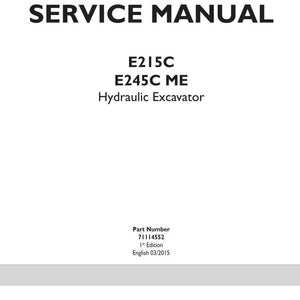 Puede incluir: Una portada de manual de servicio blanca con el t&iacute;tulo "SERVICE MANUAL" en letras negras en negrita. Debajo, los n&uacute;meros de modelo E215C y E245C ME, con "Hydraulic Excavator" debajo. El logotipo de New Holland Construction est&aacute; en la parte inferior.