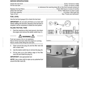 May include: A technical manual page titled SECTION 4 - SERVICING INTERVALS/LUBRICATION/FLUIDS, detailing fuel system maintenance. It includes service specifications, a warning about fire hazards, and instructions for filling the fuel tank.