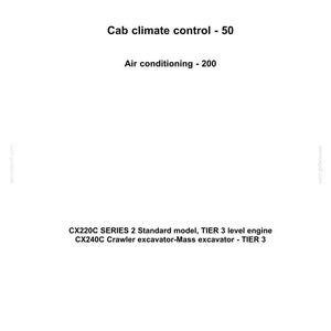 Puede incluir: Documento blanco con el logotipo "CASE CONSTRUCTION". El texto incluye "Cab climate control - 50" y "Air conditioning - 200". Texto adicional detalla modelos de excavadoras y especificaciones del motor.