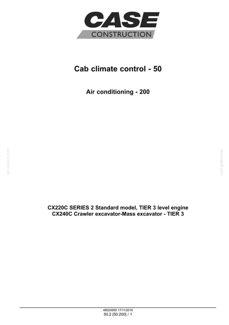Puede incluir: Documento blanco con el logotipo "CASE CONSTRUCTION". El texto incluye "Cab climate control - 50" y "Air conditioning - 200". Texto adicional detalla modelos de excavadoras y especificaciones del motor.