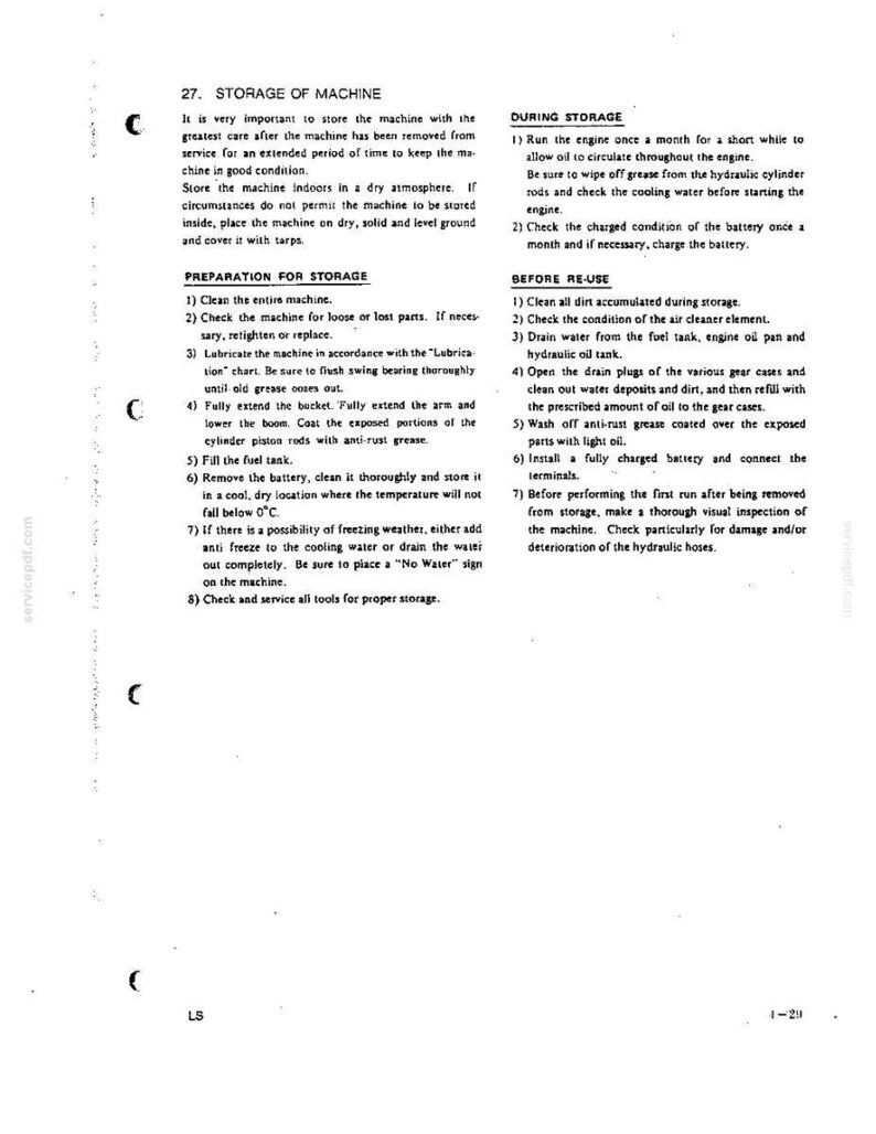 May include: A technical document page titled 27. STORAGE OF MACHINE, containing black text on a white background. It outlines instructions for machine storage, preparation for storage, during storage, and before re-use, including maintenance steps.