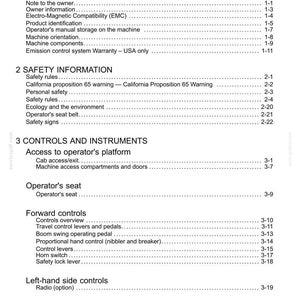 Puede incluir: Una p&aacute;gina de manual titulada "Contenido" con secciones sobre informaci&oacute;n general y de seguridad, controles e instrumentos. El texto incluye temas como reglas de seguridad, asiento del operador y palancas de control. La p&aacute;gina es blanca con texto negro.