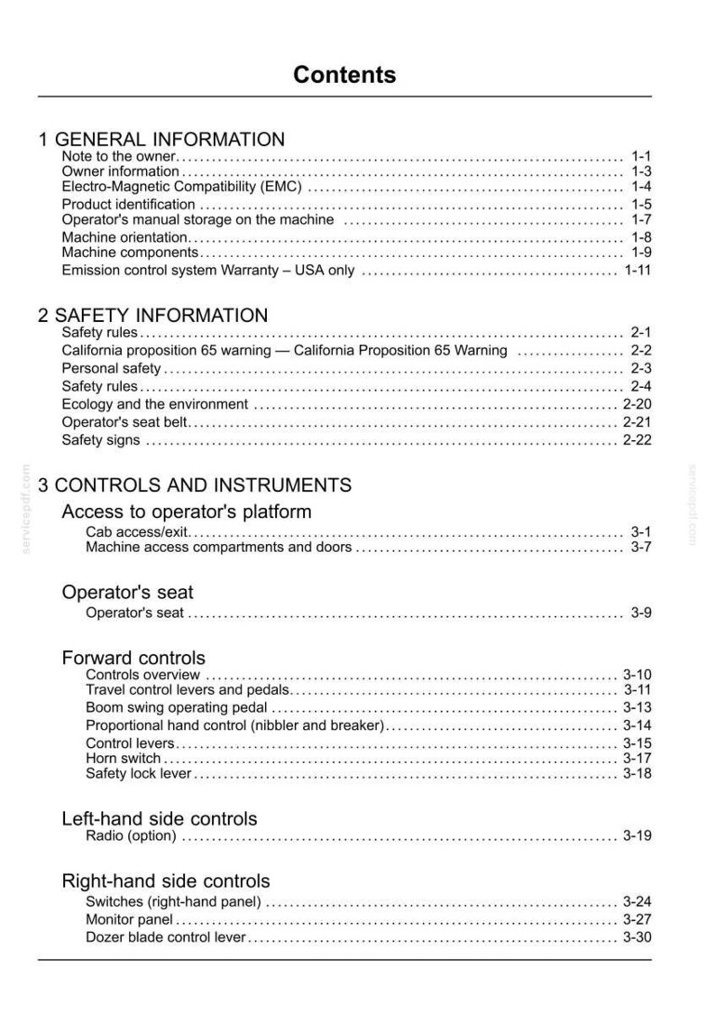 Puede incluir: Una p&aacute;gina de manual titulada "Contenido" con secciones sobre informaci&oacute;n general y de seguridad, controles e instrumentos. El texto incluye temas como reglas de seguridad, asiento del operador y palancas de control. La p&aacute;gina es blanca con texto negro.