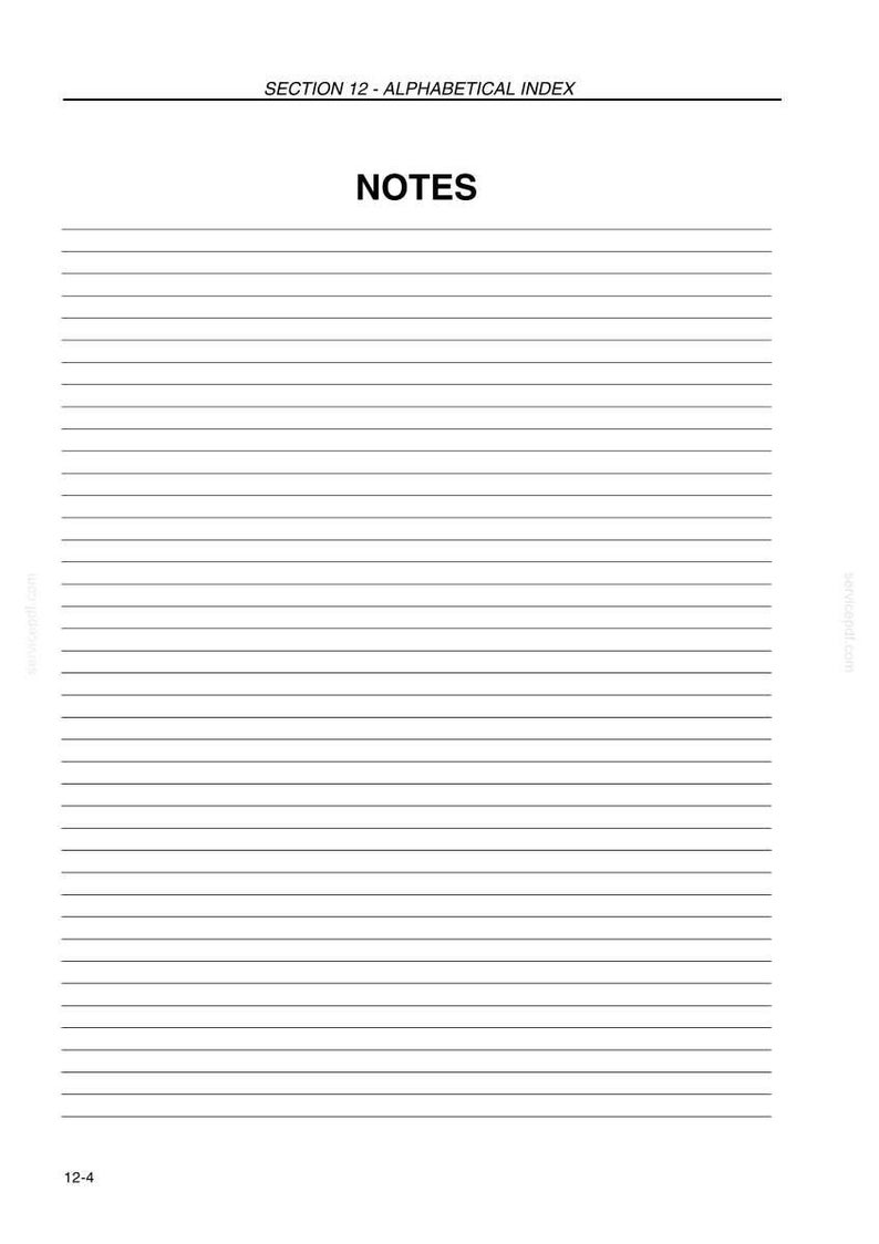 May include: A white page with horizontal lines for writing notes. The text "SECTION 12 - ALPHABETICAL INDEX" is at the top, with "NOTES" in bold below it. The page is from a larger document.