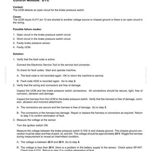 May include: A document detailing fault codes for a parking brake pressure sensor. The text includes troubleshooting steps, voltage measurements, and connector inspections. The document is dated April 26, 2017.