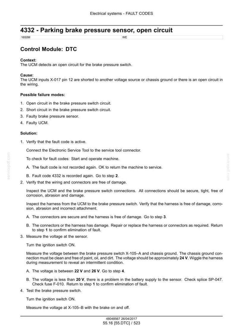 May include: A document detailing fault codes for a parking brake pressure sensor. The text includes troubleshooting steps, voltage measurements, and connector inspections. The document is dated April 26, 2017.