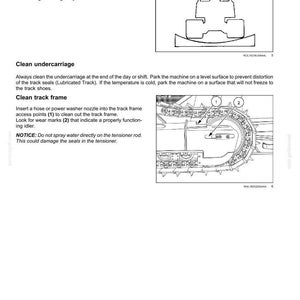 May include: Diagram of a machine's undercarriage and track frame, with labels and arrows pointing to specific components. The image includes text instructions for cleaning and maintenance, with a warning about the tensioner rod.