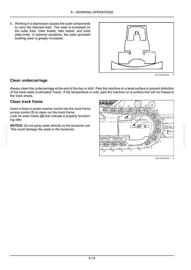 May include: Diagram of a machine's undercarriage and track frame, with labels and arrows pointing to specific components. The image includes text instructions for cleaning and maintenance, with a warning about the tensioner rod.