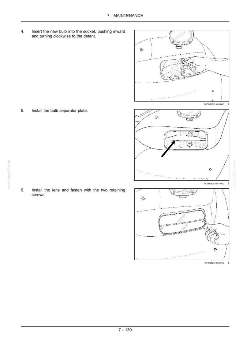 Op de afbeelding: Diagrammen uit een onderhoudshandleiding die de stappen laten zien voor het installeren van een lamp, een lampafscheidingsplaat en een lens. De illustraties zijn in zwart-wit, met pijlen die de installatierichting aangeven.