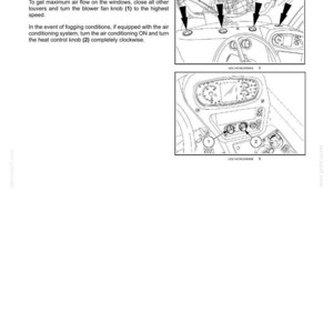 May include: Diagram of a vehicle's dashboard, illustrating controls and instruments. The image highlights the defrosting function, showing the blower fan knob (1) and heat control knob (2). Instructions are provided for optimal use.