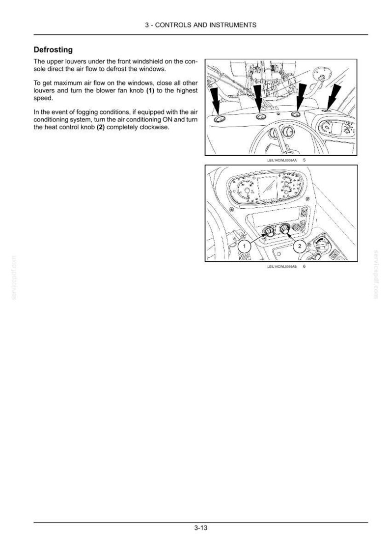 May include: Diagram of a vehicle's dashboard, illustrating controls and instruments. The image highlights the defrosting function, showing the blower fan knob (1) and heat control knob (2). Instructions are provided for optimal use.