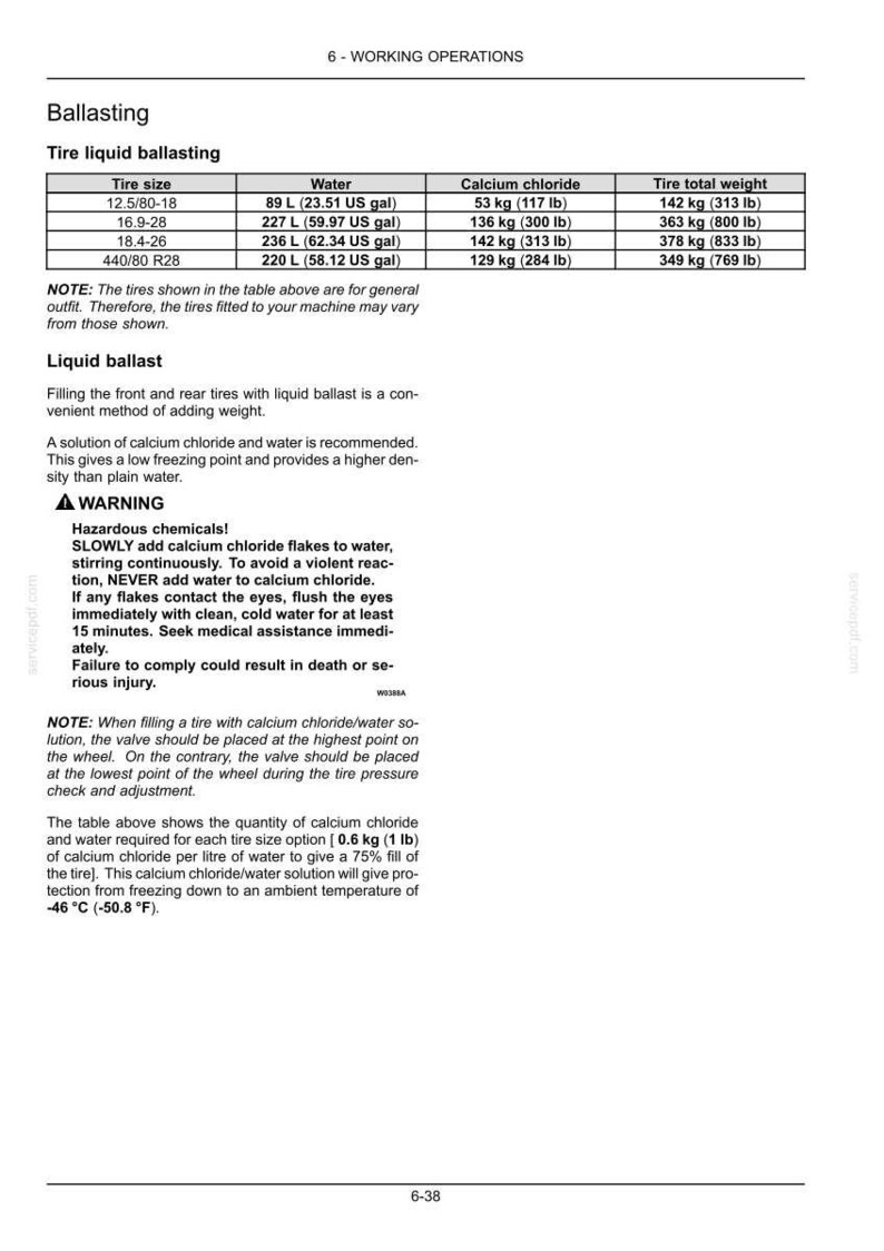 May include: A technical document page titled 6-WORKING OPERATIONS featuring a table for tire liquid ballasting. It lists tire sizes, water and calcium chloride quantities in liters, gallons, kilograms, and pounds, plus a warning about hazardous chemicals.