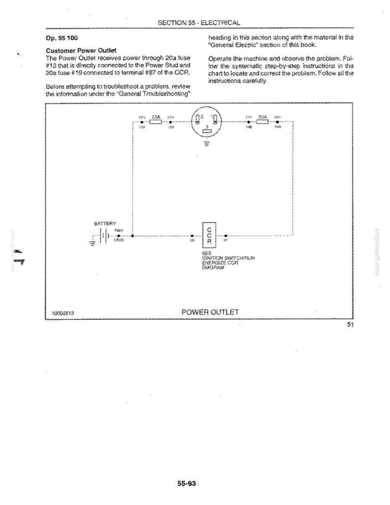 May include: A technical electrical diagram labeled Section 55 - Electrical, Op. 55 100 Customer Power Outlet. The black and white schematic illustrates a battery, 20a fuses, a power outlet, and a CCR component with associated wiring and terminal labels.