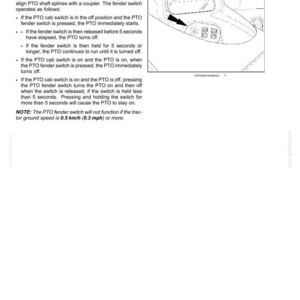 May include: A technical manual page titled 6 - WORKING OPERATIONS, detailing Power Take-Off (PTO) fender switch operation. It includes text instructions and a line drawing of a tractor fender with a switch highlighted by a black arrow.