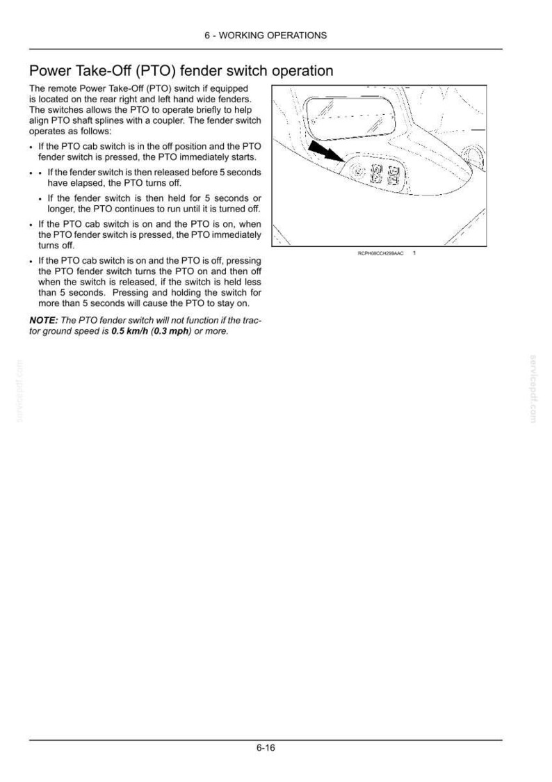 May include: A technical manual page titled 6 - WORKING OPERATIONS, detailing Power Take-Off (PTO) fender switch operation. It includes text instructions and a line drawing of a tractor fender with a switch highlighted by a black arrow.