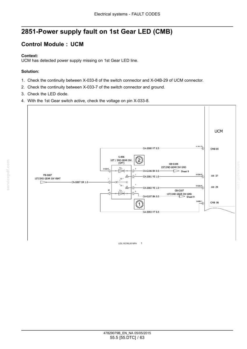 May include: Diagram of an electrical system fault code, detailing a power supply issue for the 1st Gear LED. The diagram includes component labels, wiring connections, and troubleshooting steps for the Control Module UCM.