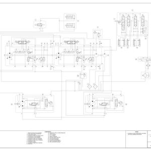 Op de afbeelding: Een gedetailleerd technisch schema in zwart en wit, met complexe lijnen, symbolen en annotaties. Het diagram bevat verschillende componenten en hun verbindingen, waarschijnlijk een hydraulisch systeem. De titel "HYDRAULIC SCHEMATIC" is zichtbaar.