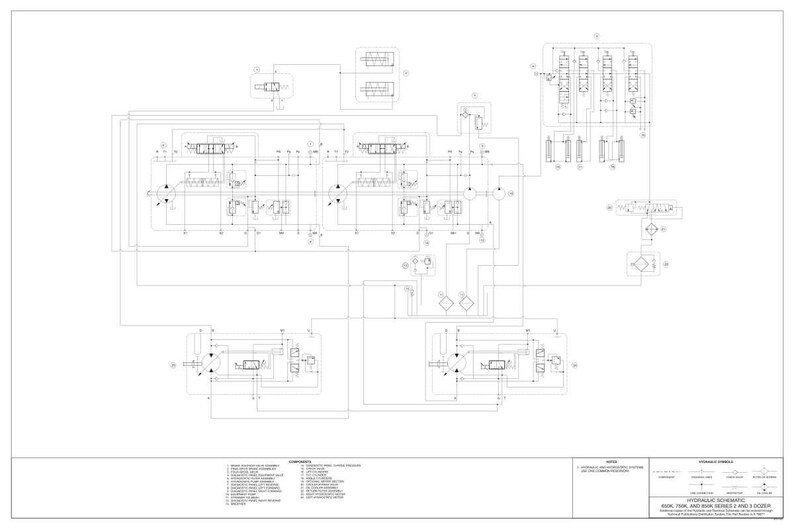 Op de afbeelding: Een gedetailleerd technisch schema in zwart en wit, met complexe lijnen, symbolen en annotaties. Het diagram bevat verschillende componenten en hun verbindingen, waarschijnlijk een hydraulisch systeem. De titel "HYDRAULIC SCHEMATIC" is zichtbaar.