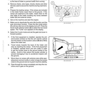 May include: Diagram of a control panel with buttons and icons, labeled (1) and (2), and a side view of an excavator on a trailer. Instructions detail unloading the machine from the trailer, including ramp preparation and engine start.