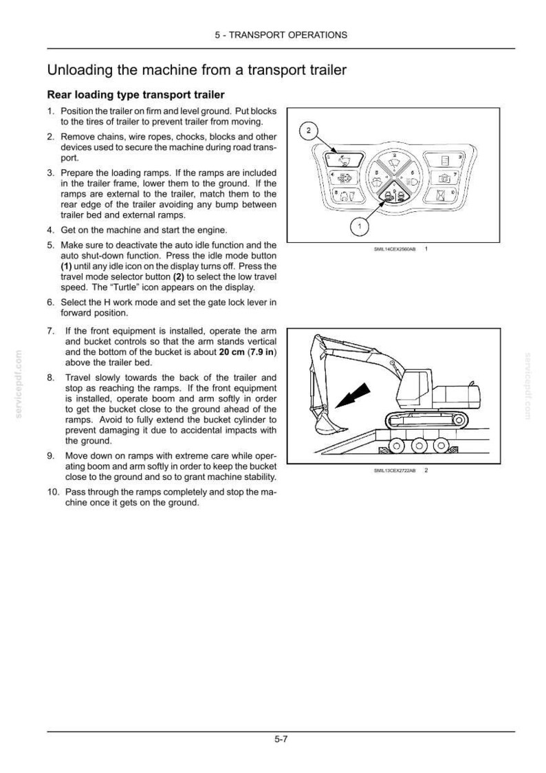 May include: Diagram of a control panel with buttons and icons, labeled (1) and (2), and a side view of an excavator on a trailer. Instructions detail unloading the machine from the trailer, including ramp preparation and engine start.