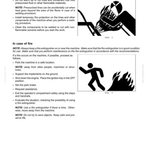 May include: A safety information document titled 2-SAFETY INFORMATION containing text about precautions with pressurized components and fire procedures, including two black and white graphic illustrations of a person near flames.