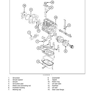 Pu&ograve; includere: Schema dei componenti del motore, tra cui filtro olio, coppa dell'olio, pistone e volano. Il testo in alto recita "Motore - Coppa e coperchi".