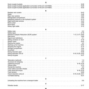 May include: A page from a manual with a list of terms and page numbers. Terms include "Pilot line filter," "Safety rules," "Weights," and "Windshield washer reservoir." The text is black on a white background.