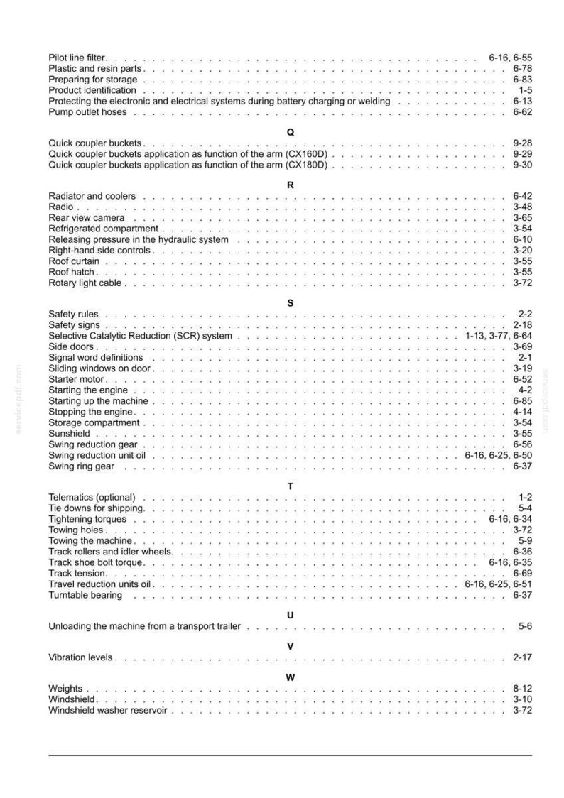May include: A page from a manual with a list of terms and page numbers. Terms include "Pilot line filter," "Safety rules," "Weights," and "Windshield washer reservoir." The text is black on a white background.