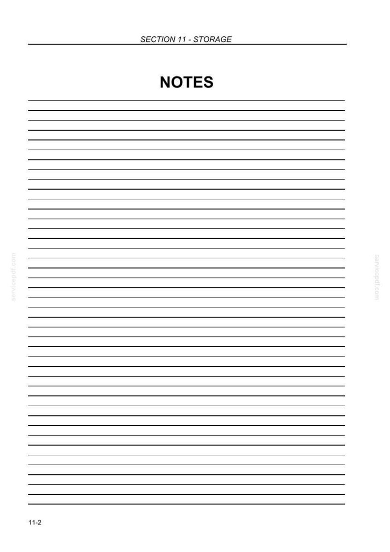Op de afbeelding: Een witte pagina met zwarte tekst en lijnen. De koptekst bovenaan luidt SECTION 11 - STORAGE, gevolgd door het gecentreerde woord NOTES. Daaronder strekt een reeks horizontale zwarte lijnen zich uit over de breedte van de pagina. Linksonder staat 11-2.