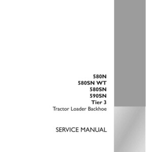 Puede incluir: Un manual de servicio blanco para una retroexcavadora con cargador de tractor. La portada incluye los n&uacute;meros de modelo 580N, 580SN WT, 580SN y 590SN, junto con "Tier 3". El manual es de Case Construction.