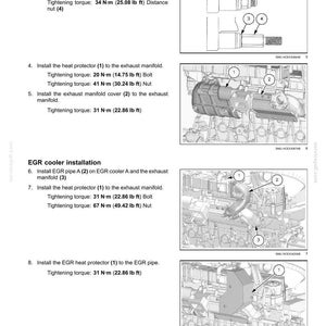 Puede incluir: Diagrama de componentes del motor, incluidos los colectores de admisi&oacute;n y escape, y el silenciador. La imagen incluye diagramas numerados con especificaciones de par de apriete en Newton-metros y libras-pie para tuercas y pernos.