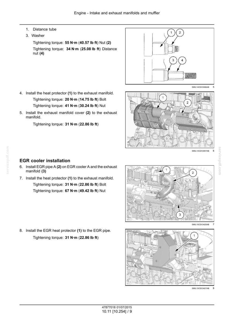 Puede incluir: Diagrama de componentes del motor, incluidos los colectores de admisi&oacute;n y escape, y el silenciador. La imagen incluye diagramas numerados con especificaciones de par de apriete en Newton-metros y libras-pie para tuercas y pernos.