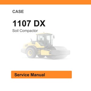 Puede incluir: Imagen de un compactador de suelo amarillo y gris, modelo 1107 DX, con la palabra "CASE" encima. Las palabras "Soil Compactor" est&aacute;n debajo del n&uacute;mero de modelo. Un rect&aacute;ngulo naranja con las palabras "Service Manual" est&aacute; en la parte inferior.