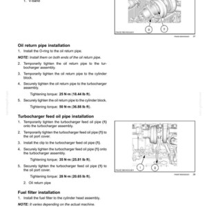 Pode incluir: Diagrama de componentes do motor, incluindo turbocompressor, tubo de escape e tubo de retorno de &oacute;leo. As instru&ccedil;&otilde;es detalham as etapas de instala&ccedil;&atilde;o com especifica&ccedil;&otilde;es de torque em N&middot;m e lb ft. A imagem inclui pe&ccedil;as numeradas.