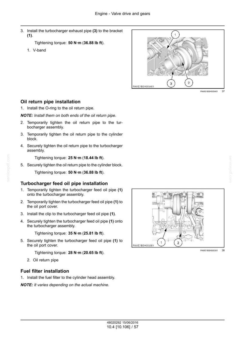 Pode incluir: Diagrama de componentes do motor, incluindo turbocompressor, tubo de escape e tubo de retorno de &oacute;leo. As instru&ccedil;&otilde;es detalham as etapas de instala&ccedil;&atilde;o com especifica&ccedil;&otilde;es de torque em N&middot;m e lb ft. A imagem inclui pe&ccedil;as numeradas.