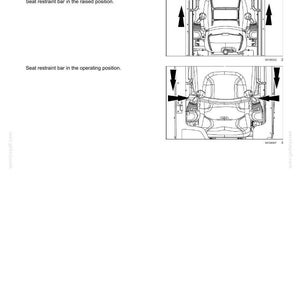 May include: A technical manual page titled 2-SAFETY INFORMATION featuring two black and white line drawings of a seat restraint bar. The top diagram shows the bar in a raised position, while the bottom diagram shows it in the operating position.