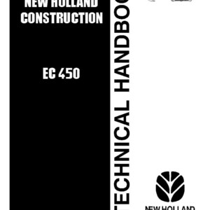 Op de afbeelding: Een zwart-wit handboekcover met de tekst "NEW HOLLAND CONSTRUCTION" en "EC 450". De rechterkant van de cover leest verticaal "TECHNICAL HANDBOOK". Een lijntekening van een graafmachine staat bovenaan.
