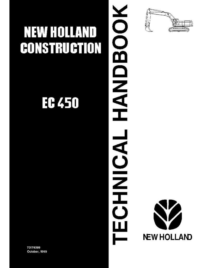Op de afbeelding: Een zwart-wit handboekcover met de tekst "NEW HOLLAND CONSTRUCTION" en "EC 450". De rechterkant van de cover leest verticaal "TECHNICAL HANDBOOK". Een lijntekening van een graafmachine staat bovenaan.