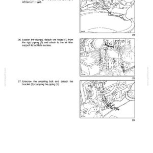 Puede incluir: Diagramas t&eacute;cnicos de un manual que muestran los pasos para el mantenimiento del embrague. Las ilustraciones en blanco y negro muestran varios pasos, incluyendo desenroscar tapones, separar mangueras y quitar soportes. El texto proporciona instrucciones.