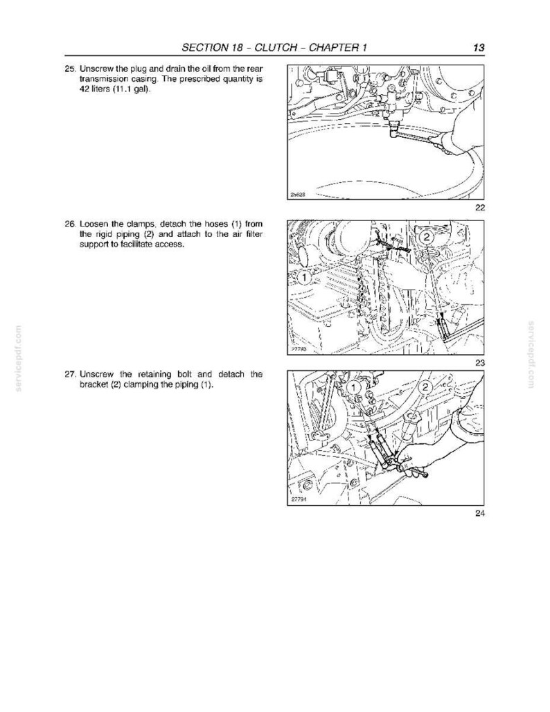 Puede incluir: Diagramas t&eacute;cnicos de un manual que muestran los pasos para el mantenimiento del embrague. Las ilustraciones en blanco y negro muestran varios pasos, incluyendo desenroscar tapones, separar mangueras y quitar soportes. El texto proporciona instrucciones.