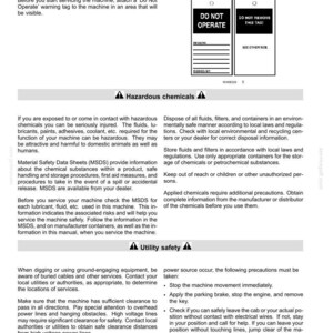 May include: A page from a manual with safety information. It includes warnings about hazardous chemicals and utility safety. There are instructions for operating machinery safely, including a 'Do Not Operate' tag and precautions to take.