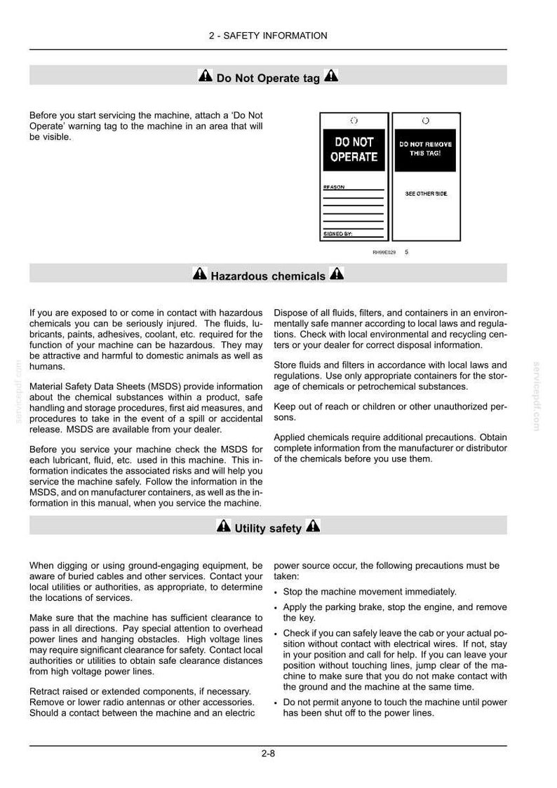 May include: A page from a manual with safety information. It includes warnings about hazardous chemicals and utility safety. There are instructions for operating machinery safely, including a 'Do Not Operate' tag and precautions to take.