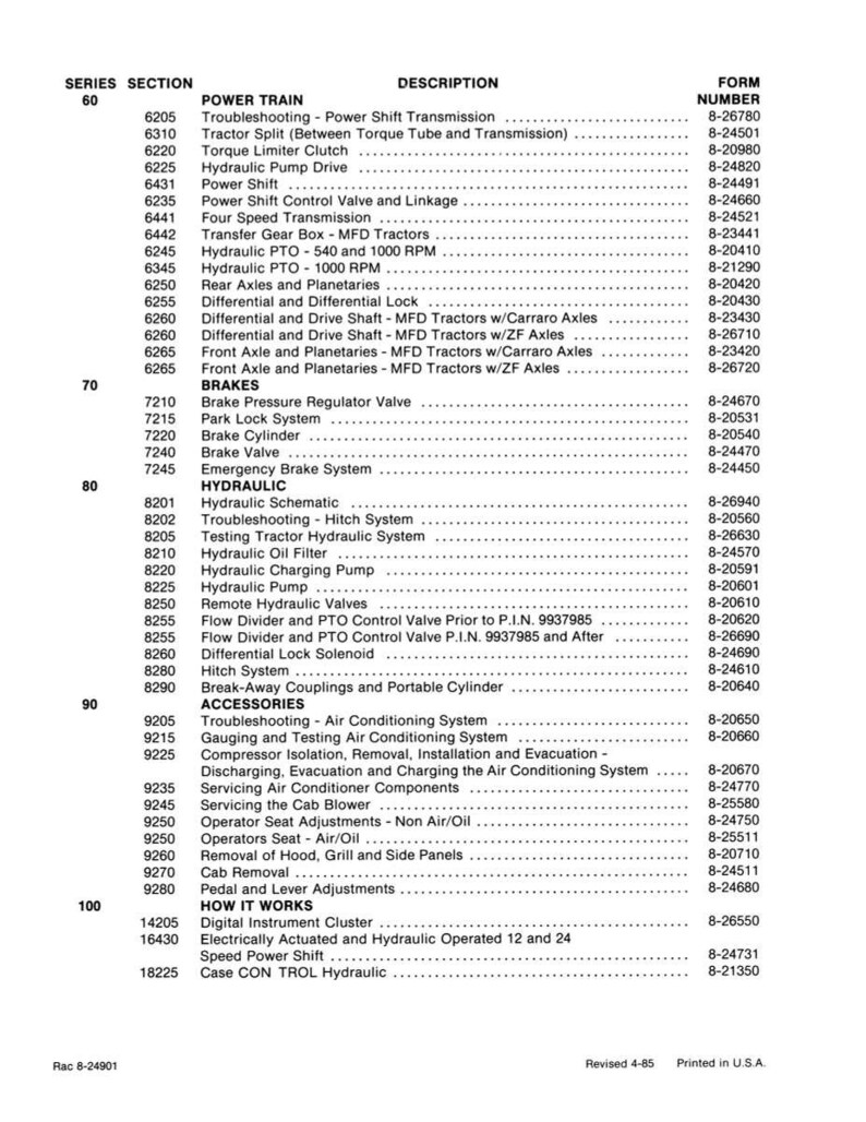 May include: A detailed parts list for a tractor, featuring sections on power train, brakes, hydraulic systems, accessories, and how it works. Includes part numbers and descriptions, printed in the U.S.A.