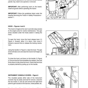 May include: A technical manual page titled LUBRICATION AND MAINTENANCE SECTION 4, featuring black and white line drawings of tractor components. It includes instructions for guard removal, hood operation with gas struts, and instrument console cover removal.