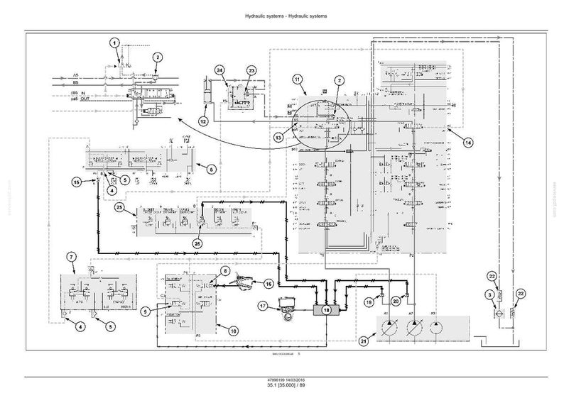 Puede incluir: Un diagrama t&eacute;cnico detallado de un sistema hidr&aacute;ulico, renderizado en blanco y negro. El diagrama incluye varios componentes, l&iacute;neas y etiquetas, con el t&iacute;tulo "Hydraulic systems - Hydraulic systems" en la parte superior. La parte inferior del diagrama incluye el texto "47001001403/016 36.1 [30.000] / 89".