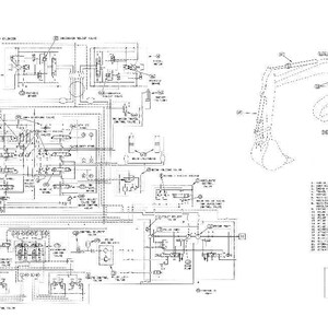 May include: A detailed engineering diagram of a hydraulic system, featuring complex schematics and a labeled excavator arm illustration. The diagram is in black and white, with numerous lines, symbols, and text annotations.
