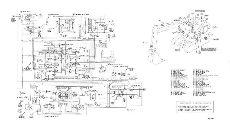 May include: A detailed engineering diagram of a hydraulic system, featuring complex schematics and a labeled excavator arm illustration. The diagram is in black and white, with numerous lines, symbols, and text annotations.