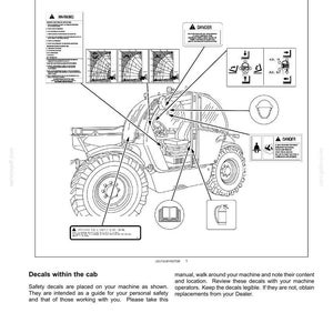 May include: A technical diagram showing safety decal placements on a construction vehicle. The illustration features a side view of the machine with lines pointing to specific warning labels, danger signs, and icons for a helmet, manual, and fire extinguisher.