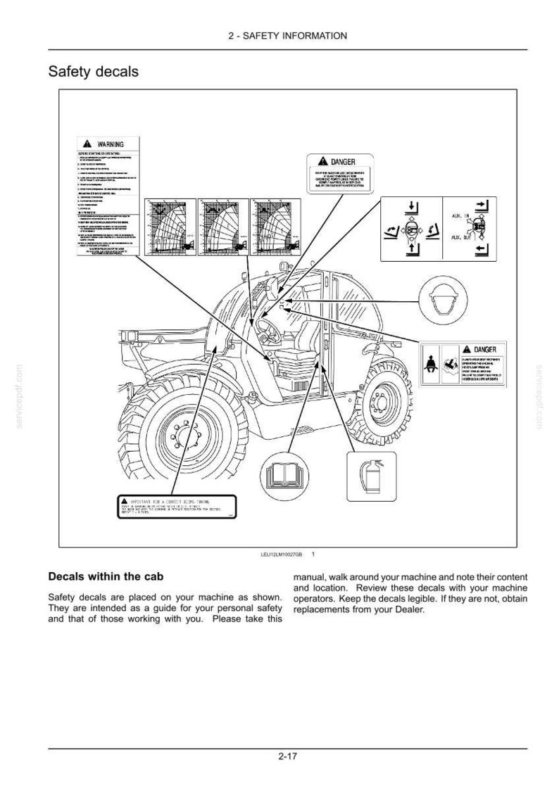 May include: A technical diagram showing safety decal placements on a construction vehicle. The illustration features a side view of the machine with lines pointing to specific warning labels, danger signs, and icons for a helmet, manual, and fire extinguisher.